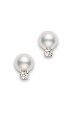 Mikimoto Stud Earrings Akoya Pearl White PES702DK. 7-7.5mm A+ D 0.10ct diamond. 18k yellow gold setting. Luxury White Pearl Embellished Earrings, Luxury Pearl Embellished Earrings For Formal Occasions, Classic White Pearl Earrings With Diamond Accents, White Pearl Embellished Earrings For Formal Occasions, Luxury White Pearl Earrings For Formal Occasions, White Akoya Pearl Earrings For Formal Occasions, Diamond And Pearl Earrings, Diamond Accessories, Cushion Diamond