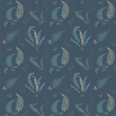 a blue and green wallpaper with leaves and plants on the bottom half of it