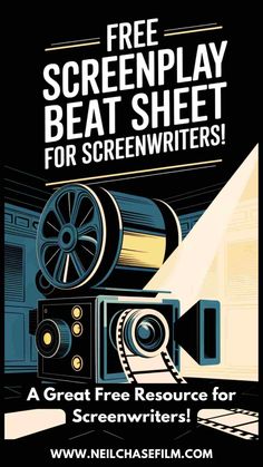 a movie poster with the words free screenplay sheet for screenwriters and an image of a film projector