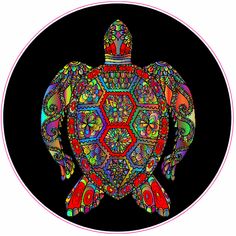 a psychedelicly colored turtle in a black circle