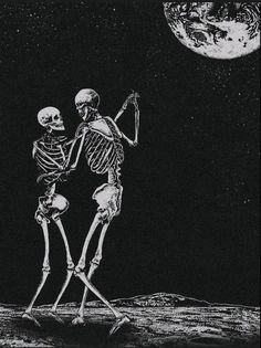 two skeletons standing on the moon with one holding an object in his hand and another looking up at the sky