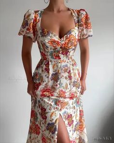 Lasaky - Puff Sleeve High Slit Floral Print Dress A Line Maxi Dress, Line Dresses, Bodycon Floral Dress, White Long Sleeve Shirt, A Line Dresses, Hip Dress, Elegant Shirt, Slim Dresses, Red Fashion