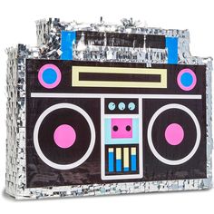 a bag made out of tin foil with a boombox on it