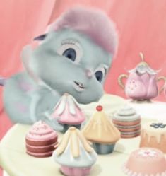 a cartoon elephant sitting at a table with cakes and cupcakes on it's side