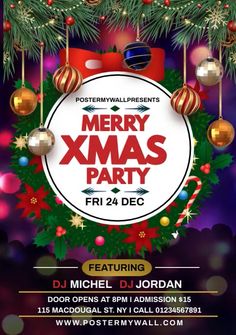 merry xmas party flyer with christmas decorations and presents on the tree branch in front of purple