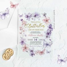 two little butterflies are on their way birthday party card with envelope and gold button,