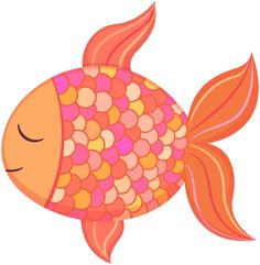 an orange fish with pink and yellow circles on it's body, swimming in the water