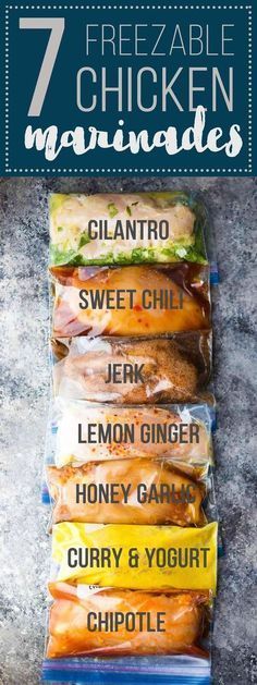 the 7 freezable chicken marinades are on display in their packages, with text overlay