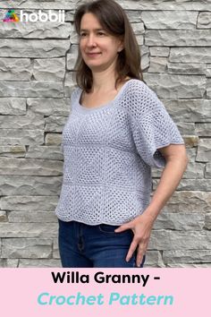 a woman standing in front of a stone wall with the words, will granny crochet