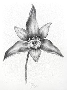 a black and white drawing of a flower with an eye on it's center