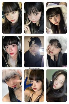 many different pictures of young women with long black hair and bangs, all wearing hats