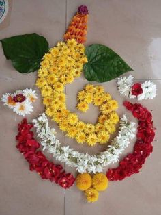 flowers laid out on the floor with leaves and petals around them to spell the letter s