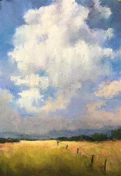 an oil painting of clouds over a field