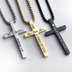 "Are you looking for small, cute things for your loved one? The cross necklace is the best personalized gift that you need, the cross pendant is perfect minimalist fashion jewelry for men and women. Personalize this piece with your meaningful message on one or both sides. About our cross necklace: * This custom-engraved cross necklace is made from top-quality waterproof stainless steel and is durable for everyday use. * Pendant width: 1 Inch; * Pendant height: 1.7 Inches; * Chain available in 22 Christian Necklace Men, Christian Jewelry For Men, Cross Chain Men, Necklaces For Boys, Boys Cross Necklace, Men Cross Necklace, Cross Necklace Mens, Silver Cross Jewelry, Necklace For Boys