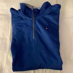 Blue Half Zip Boys Xl But Fits Women’s Small Never Worn Blue Winter Tops With Pockets, Navy Casual Half-zip Outerwear, Blue Half-zip Top For Spring, Blue Tommy Hilfiger Outerwear With Pockets, Tommy Hilfiger Blue Outerwear For Fall, Casual Blue Tommy Hilfiger Outerwear, Tommy Hilfiger Blue Winter Tops, Tommy Hilfiger Jackets, Fits Women