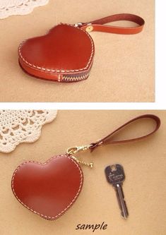 two pictures of a heart shaped keychain with a lace doily around it