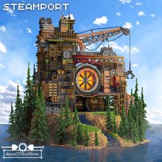 Steampunk Town Minecraft, Steampunk Minecraft Base, Steampunk Building Minecraft, Steampunk City Minecraft, Steampunk Builds Minecraft, Industrial Minecraft Builds, Minecraft Art Deco, Steampunk House Minecraft, Minecraft Steampunk Ideas