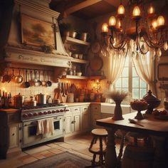 an old fashioned kitchen with lots of pots and pans hanging from the ceiling above the stove