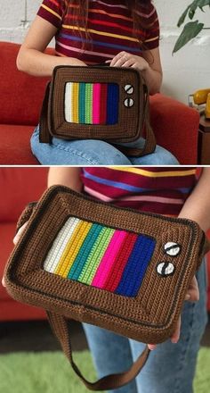 a woman sitting on top of a couch holding a brown bag filled with colorful crochet