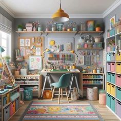 a room filled with lots of crafting supplies and storage containers on top of shelves