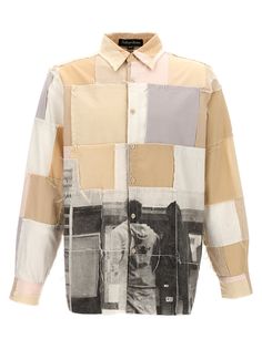 'Patchwork' cotton linen blend shirt with front print, fringed details, long sleeves, button cuffs. Composition: 55% linen, 45% cotton Relaxed Fit Long Sleeve Shirt With Patchwork, Designer Cotton Shirt For Fall, Oversized Patchwork Long Sleeve Shirt, Oversized Long Sleeve Patchwork Shirt, Designer Long Sleeve Cotton Shirt, Oversized Button-up Shirt With Patchwork, Long Sleeve Cotton Shirt With Patchwork, Cotton Long Sleeve Shirt With Patchwork, Oversized Cotton Patchwork Shirt