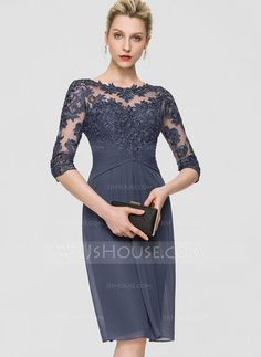 [AU$ 229.00] Sheath/Column Scoop Neck Knee-Length Chiffon Cocktail Dress (016198251) Knee Length Lace Dress, Cocktail Dress Classy, Gray Cocktail Dress, Knee Length Cocktail Dress, Ruffle Beading, Chiffon Cocktail Dress, Satin Cocktail Dress, Two Piece Homecoming Dress, Dress Classy