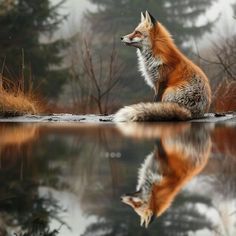 a red fox sitting on top of a lake