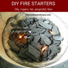 a bowl full of wood chips with text overlay that says diy fire starterrs only requires two unexpected items