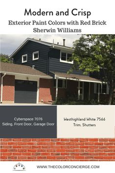 the front cover of a house with brick siding and garage doors in black, white and red