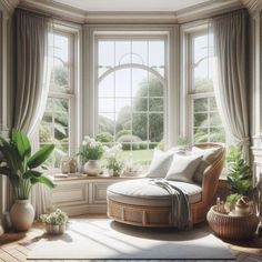 a living room filled with lots of windows next to a couch and potted plants