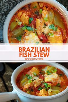 two pictures with different types of food in them and the words brazilian fish stew above it