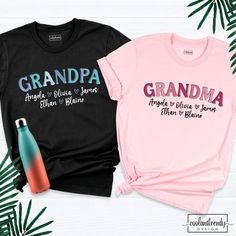 Personalization Grandpa Grandma Shirt With Grandkids Names, Matching Family Shirt, Personalized Grandparents Tees, Grandparents Couple Shirt. Hi! Welcome to our store. It's good to see you here. Our aim is to offer you first-class clothing in your most beautiful moments with our graphic t-shirts that we designed or designed with your ideas. I am sure you will like our designs for your family, friends and you. IMPORTANT MATTERS FOR ORDERING: 1-) Please check and review all photos. 2-) Our sizes a Personalized Black Cotton Tops, Family Matching Multicolor Tops With Name Print, Family Multicolor Letter Print T-shirt, Family Occasion Multicolor Letter Print T-shirt, Multicolor Letter Print T-shirt For Family, Customizable Multicolor Family Matching Tops, Personalized Black Short Sleeve Top, Pink Graphic Print Shirt For Family Events, Grandparents Shirt