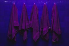 three purple towels hanging up against a blue tiled wall