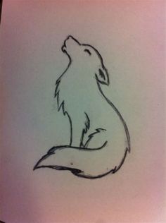 a drawing of a fox sitting on top of a white sheet with the tail curled up