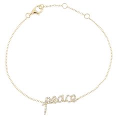 You'll love the uplifting style of this 14k yellow gold "Peace" diamond bracelet by Luxle. This bracelet's shiny stimulating design provides depth to your fashion sense. A total of 0.17 carats of round full-cut and single-cut diamonds are set in the "Peace" inscribed motif. This bracelet has a lobster clasp and is made of 14K yellow gold. Please follow the Luxury Jewels storefront to view the latest collections & exclusive one of a kind pieces. Luxury Jewels is proudly rated as a Top Seller on 1 Luxury Personalized Yellow Gold Diamond Bracelet, Peace Bracelet, Dream Bracelet, Modern Bracelets, White Gold Bracelet, Yellow Gold Bracelet, The Peace, Top Seller, Diamond Stone