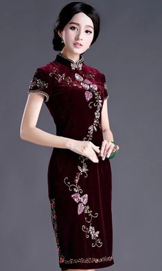 Classic Burgundy Pleuche Floral Embroidery Qipao Dress for Mother - iDreamMart.com Evening Wedding, Gown Dress