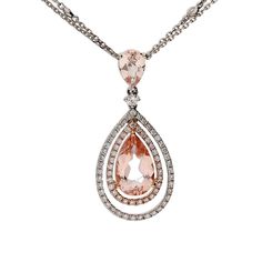 14K white and rose gold drop necklace with one 7x12 millimeter pear shaped morganite, one 5x7 millimeter pear shaped morganite and 77 round brilliant cut diamonds weighing approximately 1/2 ct. tw. 18 inches in length Top Gifts For Women, Peach Jewelry, Gold Drop Necklace, Diamond Drop Necklace, Diamond Stacks, Helzberg Diamonds, Morganite Diamond, Sparkle Necklace, Solitaire Pendant