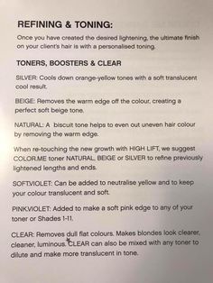 Kevin Murphy Color.Me Toners, Boosters, & Clear Hair Color For Beginners, Toner For Hair, Cosmetology Notes, Hair Color Theory, Cosmetology School Notes, Shades Eq Toner Formulas Shadow Root, Beauty School Cosmetology Notes, Kevin Murphy Toner Formulas, Pravana Toner Formulas