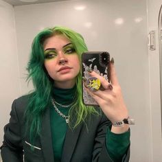 Light Green And Dark Green Hair, Dark Green And Neon Green Hair, Lunar Tides Green Hair, Green Hair With Black Tips, Green And Black Split Dye Hair, Neon Green Hair Ideas, Split Green Hair, Bright Green Hair Color, Makeup For Green Hair