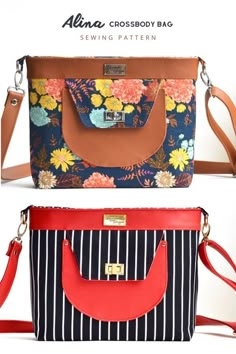 two purses, one with flowers on it and the other has an orange handle