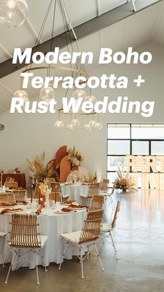 a room filled with lots of tables covered in white cloths and gold chairs next to windows