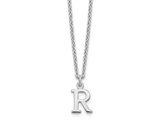 Rhodium over sterling silver cut-out letter "R" initial necklace with polished finish and lobster claw clasp. Chain measures approximately 18"L x 1/16"W, charm measures 7/16"L x 1/4"W. R Initial Necklace, R Necklace, R Initial, Cut Out Letters, Frame Of Mind, Letter R, Broken Chain, Pearl Strands, Initial Necklace