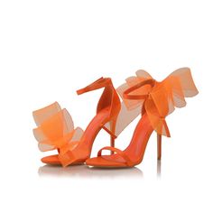 “Ember” - Bow Stiletto Sandal In Orange features an orange satin two strap upper, a dramatic mesh net back ankle bow accent, an open almond toe, a cushioned faux leather insole, an adjustable buckle ankle closure, and a slim stiletto heel. Kpop House, Orange Wedding Shoes, Hoco Heels, Orange High Heels, Heels Orange, Princess Heels, Fran Fine, Orange Heels, Mesh Bows