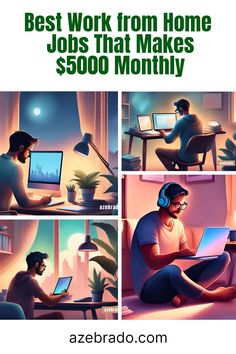 a man sitting in front of a laptop computer with headphones on and the words best work from home jobs that makes $ 500 mostly