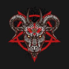 a horned goat head with red eyes and horns on a black background, in the shape of a pentagramus