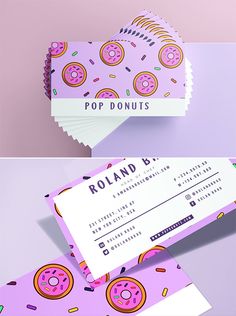 two different types of business cards with donuts and sprinkles on them