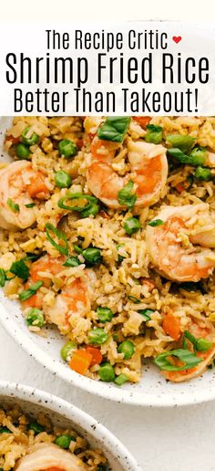 shrimp fried rice in a white bowl with green onions and carrots on the side