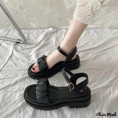 Olivia Mark - Casual Sport Sandals with Round Belt Buckle, Outer Wear Thick-Soled Sandals Sendal Korea, Sandal Korea, Sandal Tali, Goth Shoes, Dr Shoes, Mode Chanel, Women Platform Sandals, Roman Sandals, Summer Fashion Beach