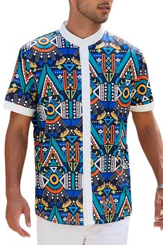 PRICES MAY VARY. OYOZONE Men's Bright Color Tribal Top shirt is luxurious in not only look but feel,without wrinkling.Because of the stretchable fabric construction,It ensures more flexibility when moving.Its breathable nature also ensures that any wearer remains cool and light. Our 80s costumes for men are printed with boho and African Mexican Ethnic Tribal Hippie style patterns,which are classic but trendy,and designed with vibrant colors and assorted elements,This fashion shirt with button cl African Short Sleeve Shirts For Men, Mens African Short Sleeve Shirts, African Attire For Men Shirts, Dashiki For Men, Dashiki Shirt, African Dashiki, Disco Shirt, Hipster Shirts, Traditional Pattern