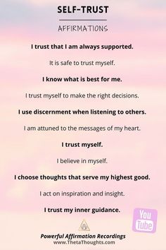 Affirmations for Self-Trust Powerful Manifestation Affirmations For Success, Self Love Affirmation Quotes Powerful, Self Confident Affirmations, Trust Someone Quotes, Best Affirmations For Confidence, Affirmations For Change, Self Healing Affirmations, Powerful Affirmations For Confidence, Confidence Affirmations Self Esteem